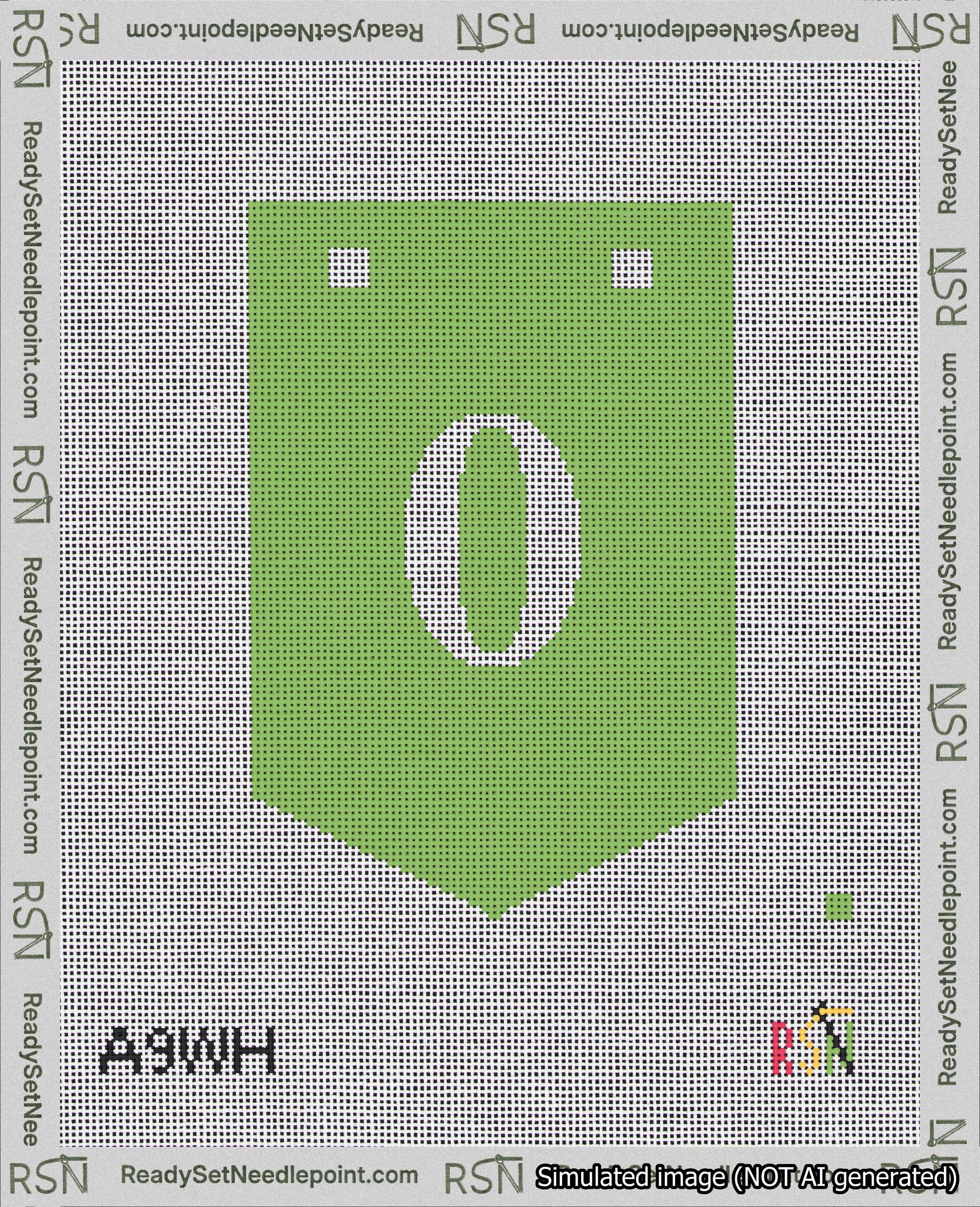 A taped needlepoint canvas with the design: Banner 18 mesh count Pointed 0 White on Light Green.