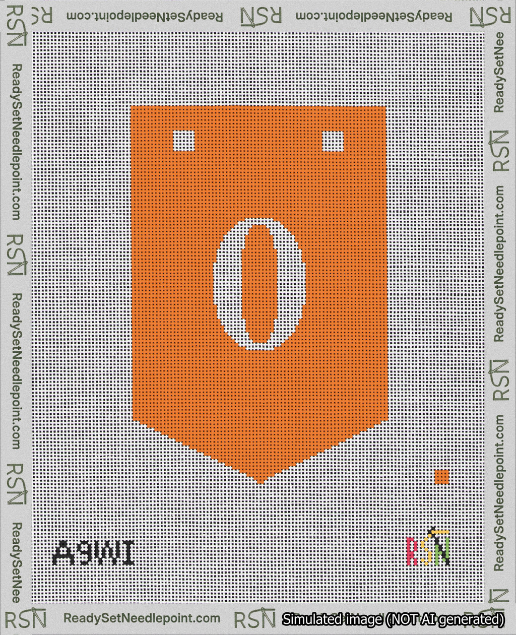 A taped needlepoint canvas with the design: Banner 18 mesh count Pointed 0 White on Orange.