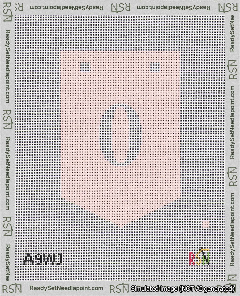 A taped needlepoint canvas with the design: Banner 18 mesh count Pointed 0 White on Pink.