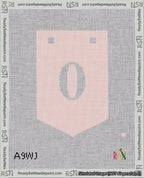 A taped needlepoint canvas with the design: Banner 18 mesh count Pointed 0 White on Pink.