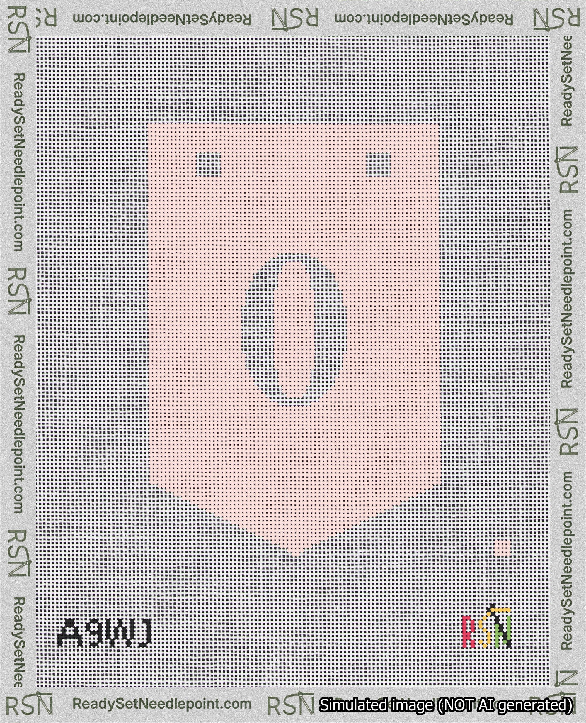 A taped needlepoint canvas with the design: Banner 18 mesh count Pointed 0 White on Pink.