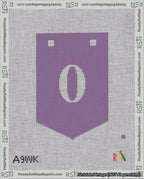 A taped needlepoint canvas with the design: Banner 18 mesh count Pointed 0 White on Purple.