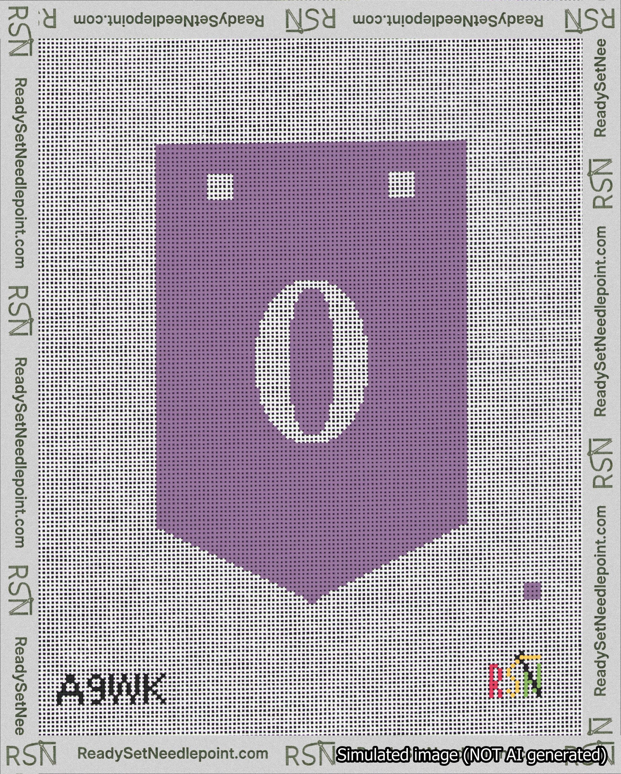 A taped needlepoint canvas with the design: Banner 18 mesh count Pointed 0 White on Purple.
