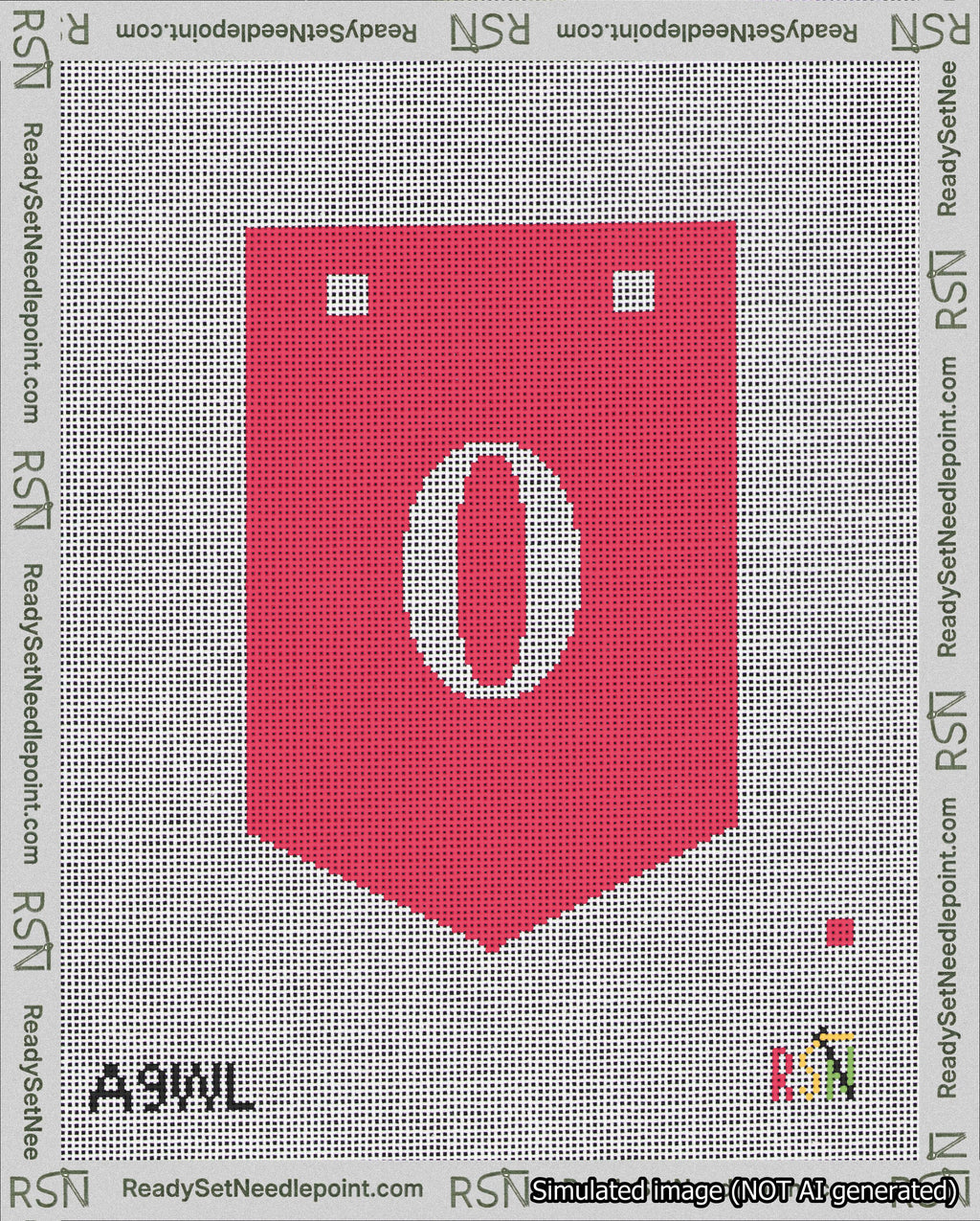 A taped needlepoint canvas with the design: Banner 18 mesh count Pointed 0 White on Red.
