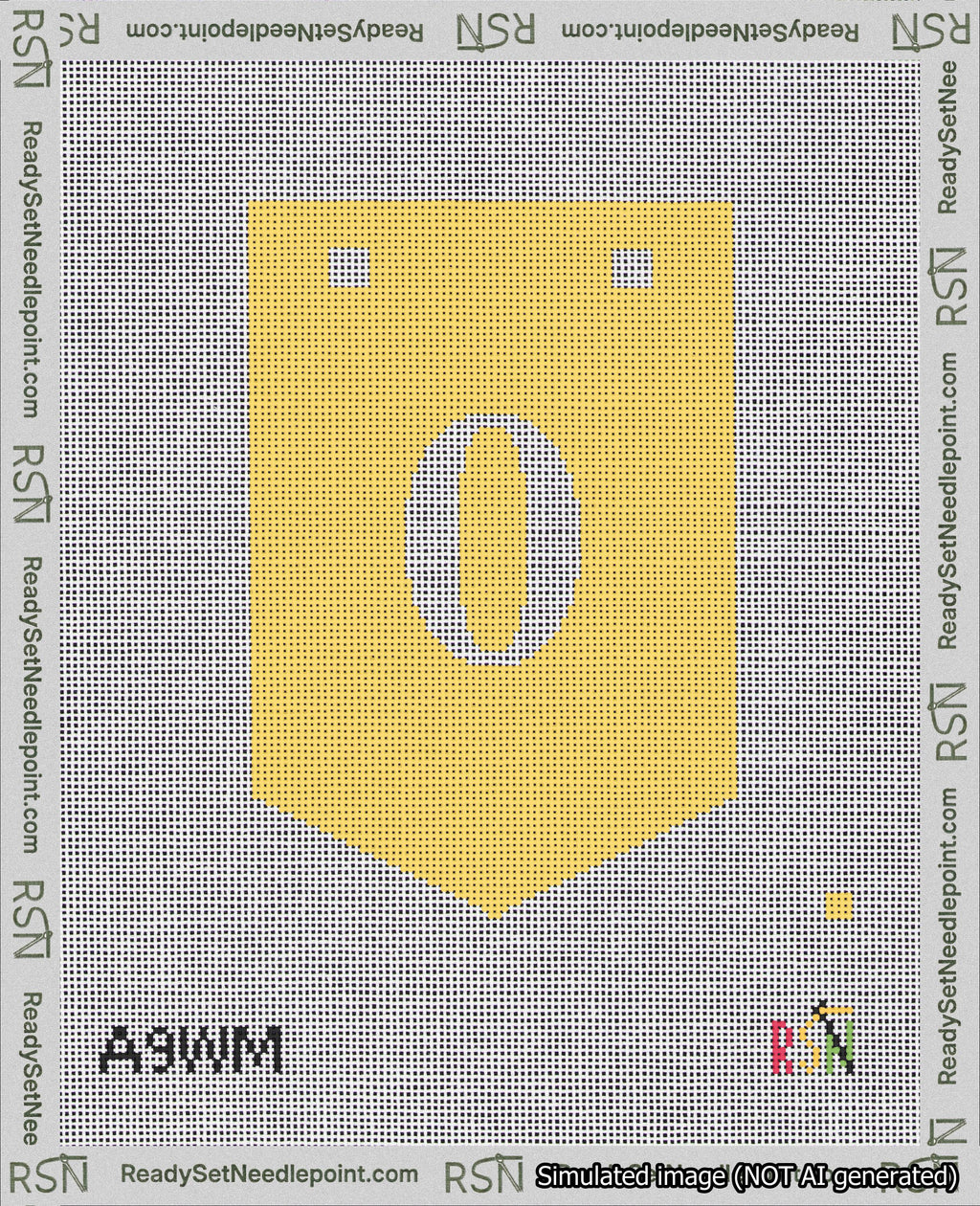 A taped needlepoint canvas with the design: Banner 18 mesh count Pointed 0 White on Yellow.