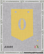 A taped needlepoint canvas with the design: Banner 18 mesh count Pointed 0 White on Yellow.