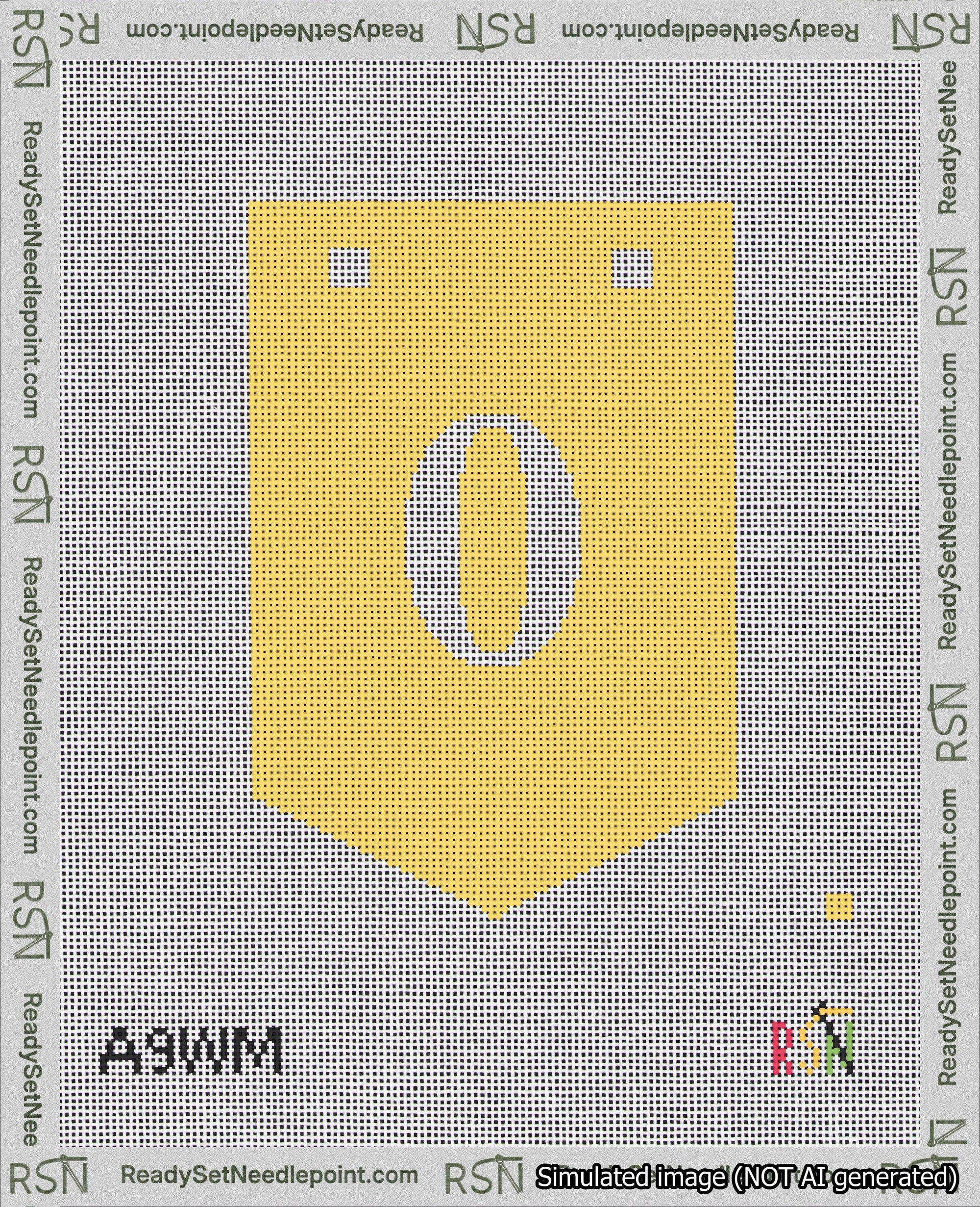 A taped needlepoint canvas with the design: Banner 18 mesh count Pointed 0 White on Yellow.