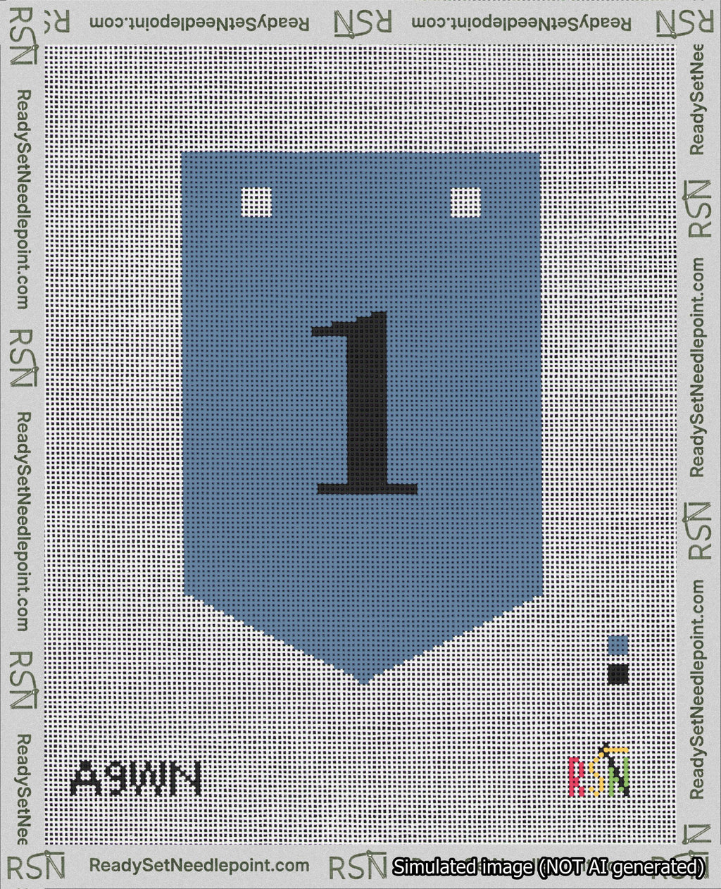 A taped needlepoint canvas with the design: Banner 18 mesh count Pointed 1 Black on Blue.
