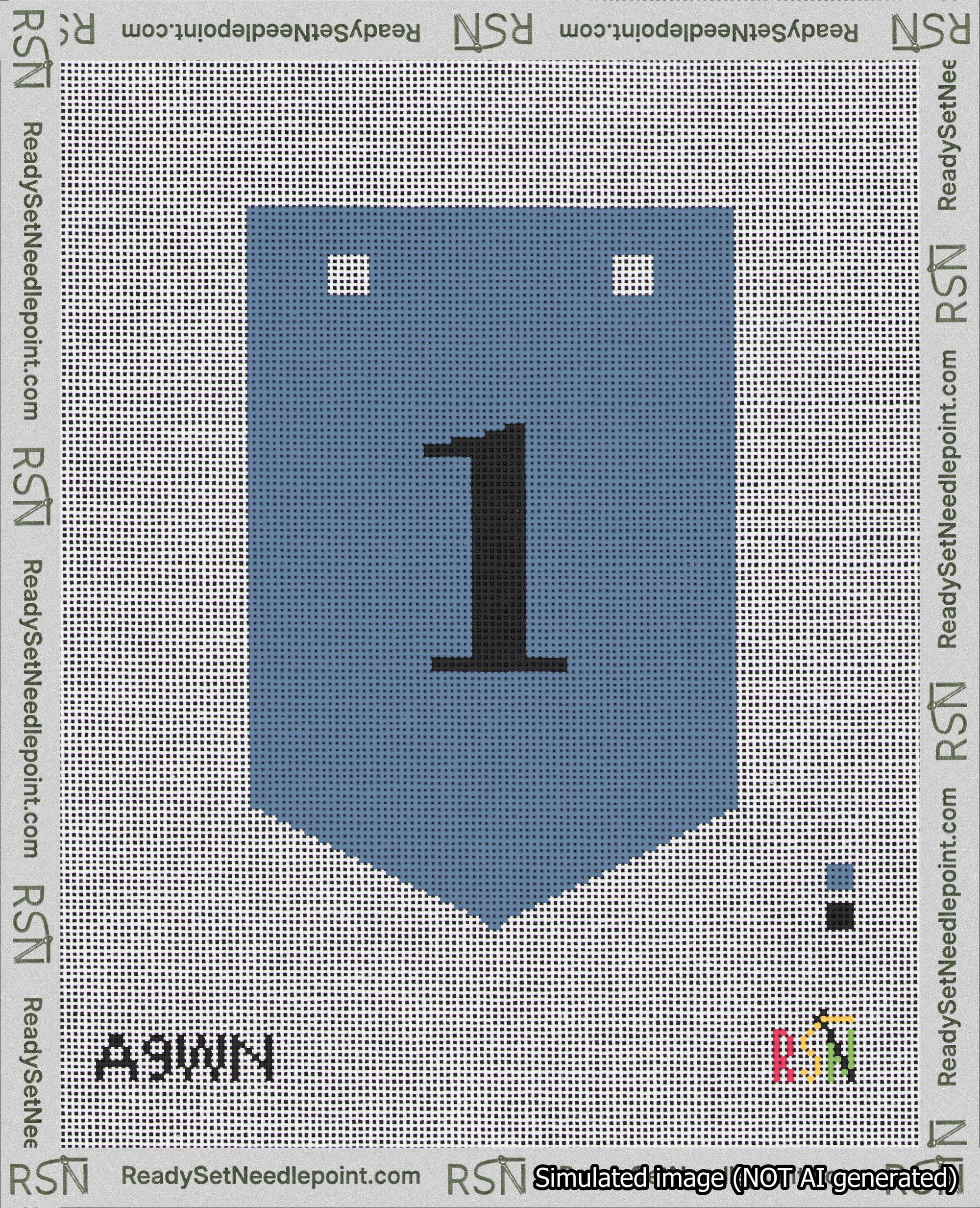 A taped needlepoint canvas with the design: Banner 18 mesh count Pointed 1 Black on Blue.