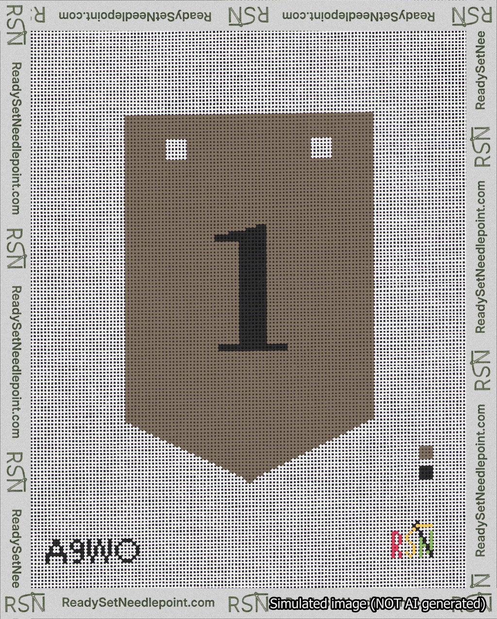 A taped needlepoint canvas with the design: Banner 18 mesh count Pointed 1 Black on Brown.