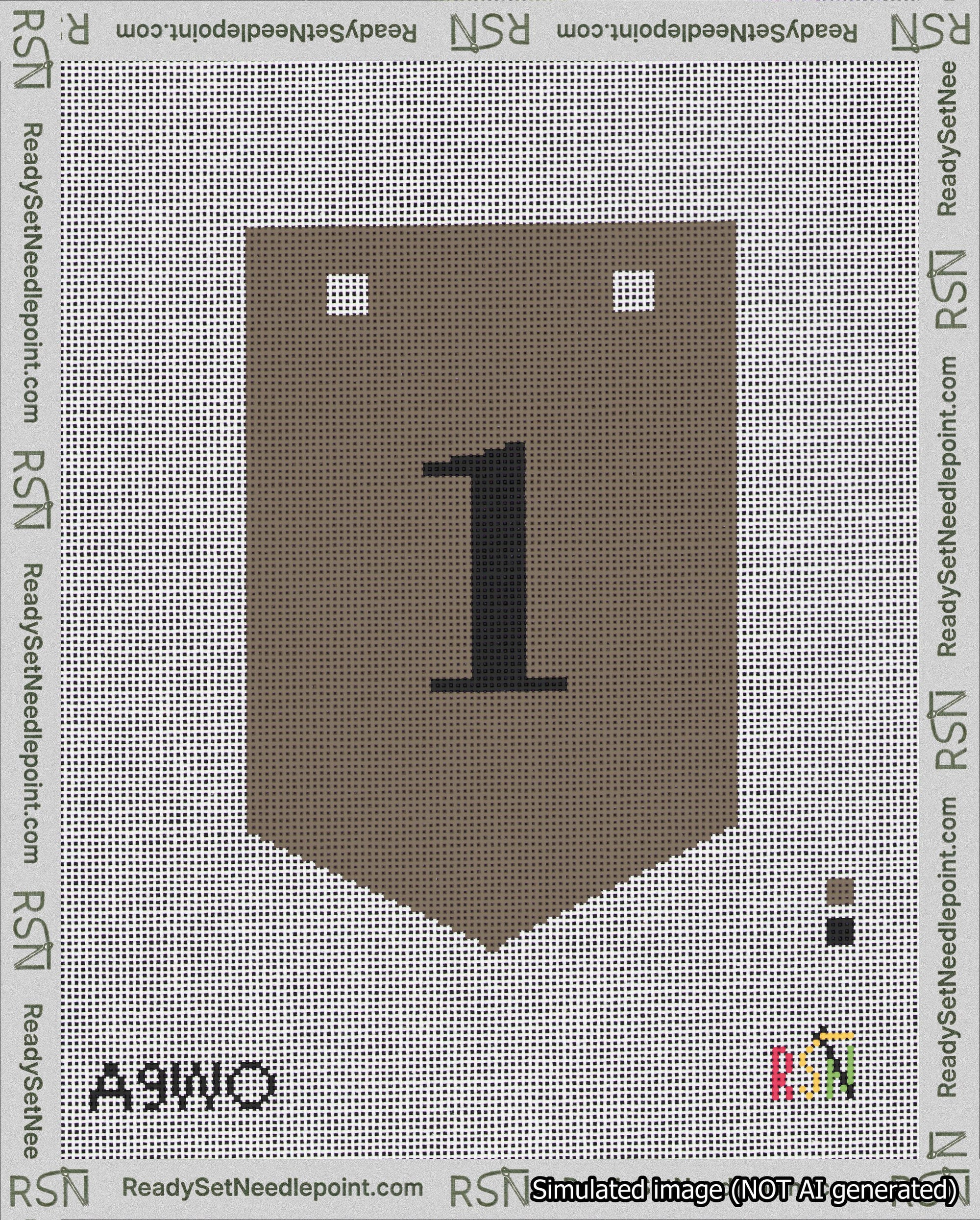 A taped needlepoint canvas with the design: Banner 18 mesh count Pointed 1 Black on Brown.