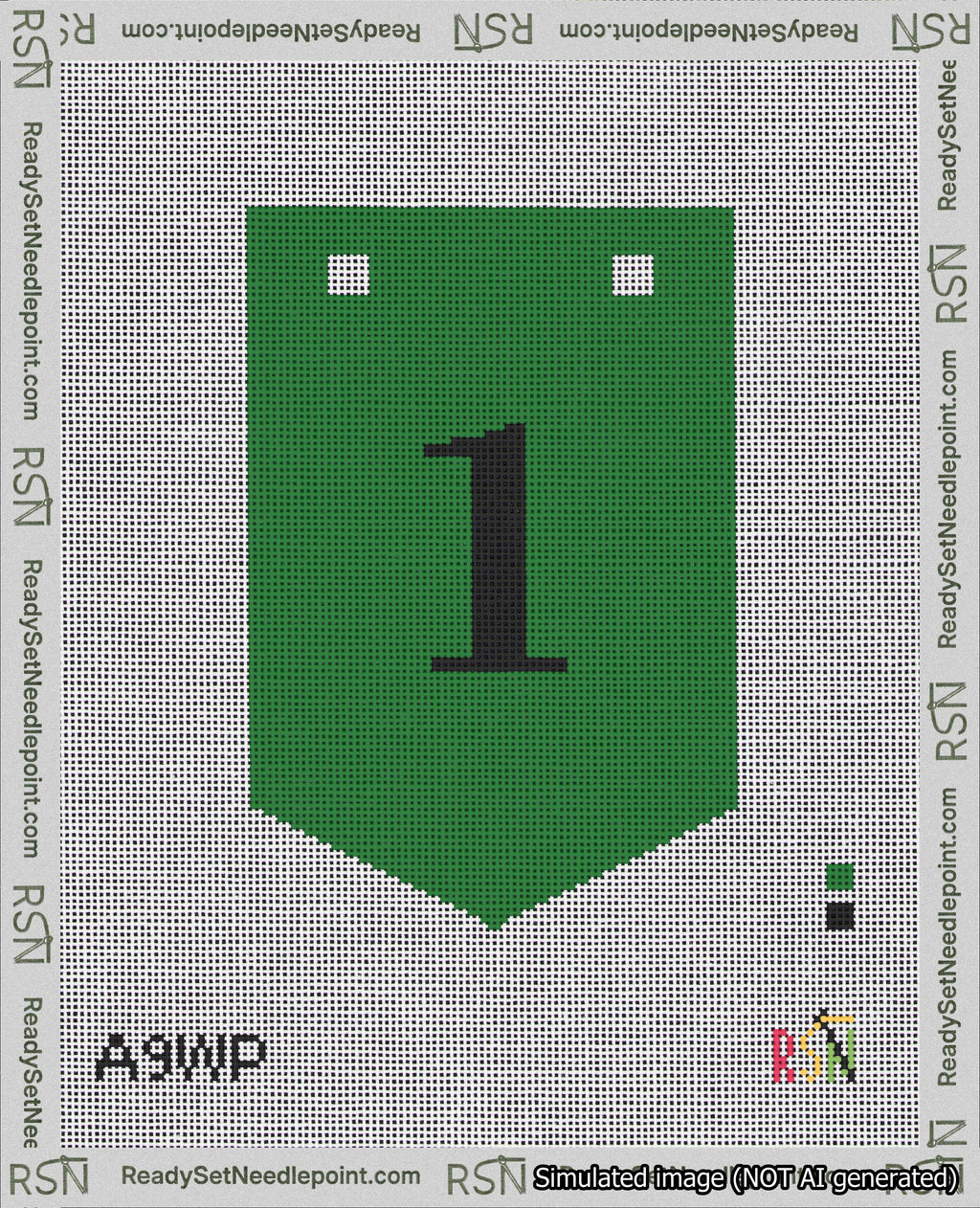 A taped needlepoint canvas with the design: Banner 18 mesh count Pointed 1 Black on Green.