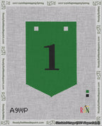 A taped needlepoint canvas with the design: Banner 18 mesh count Pointed 1 Black on Green.