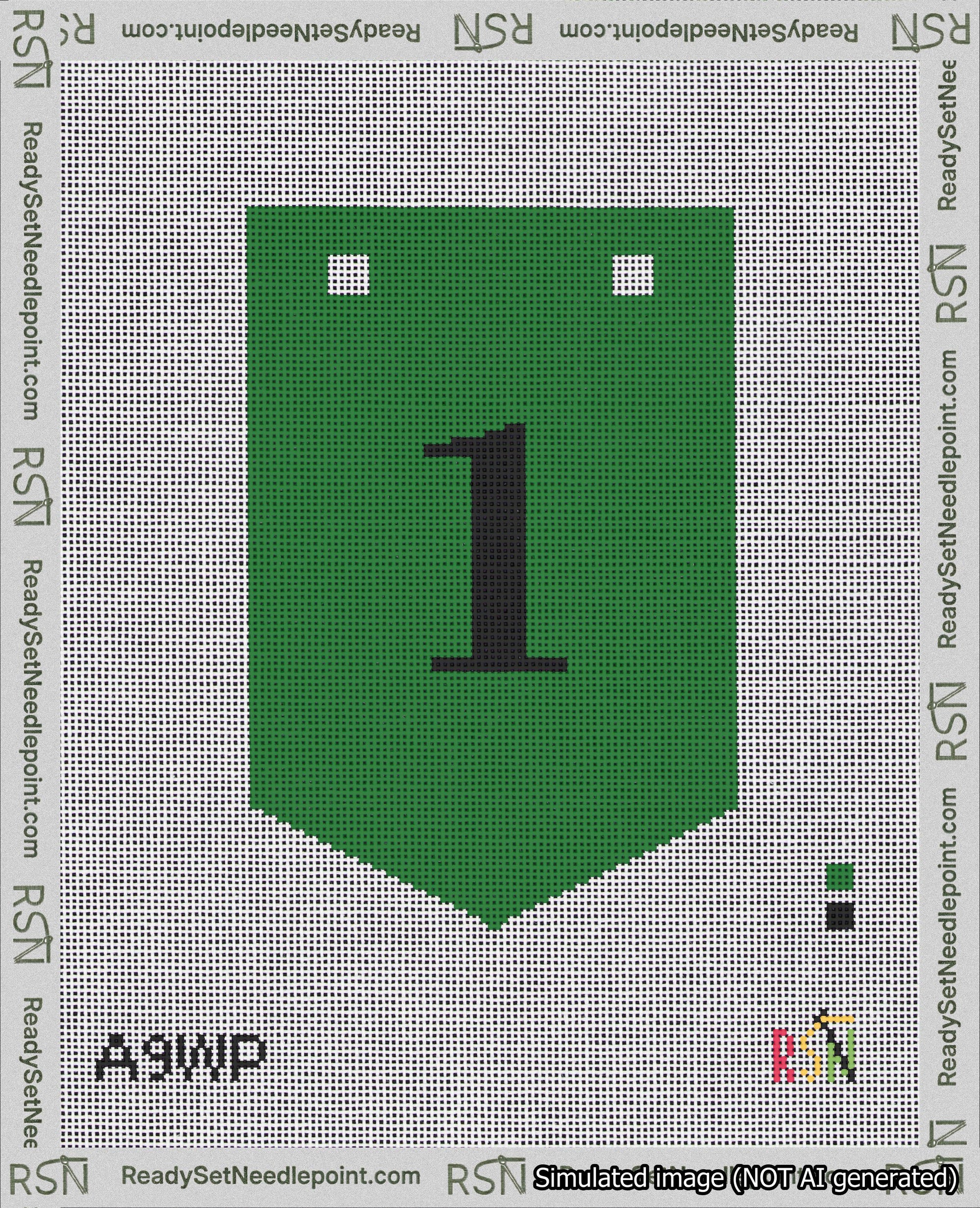 A taped needlepoint canvas with the design: Banner 18 mesh count Pointed 1 Black on Green.