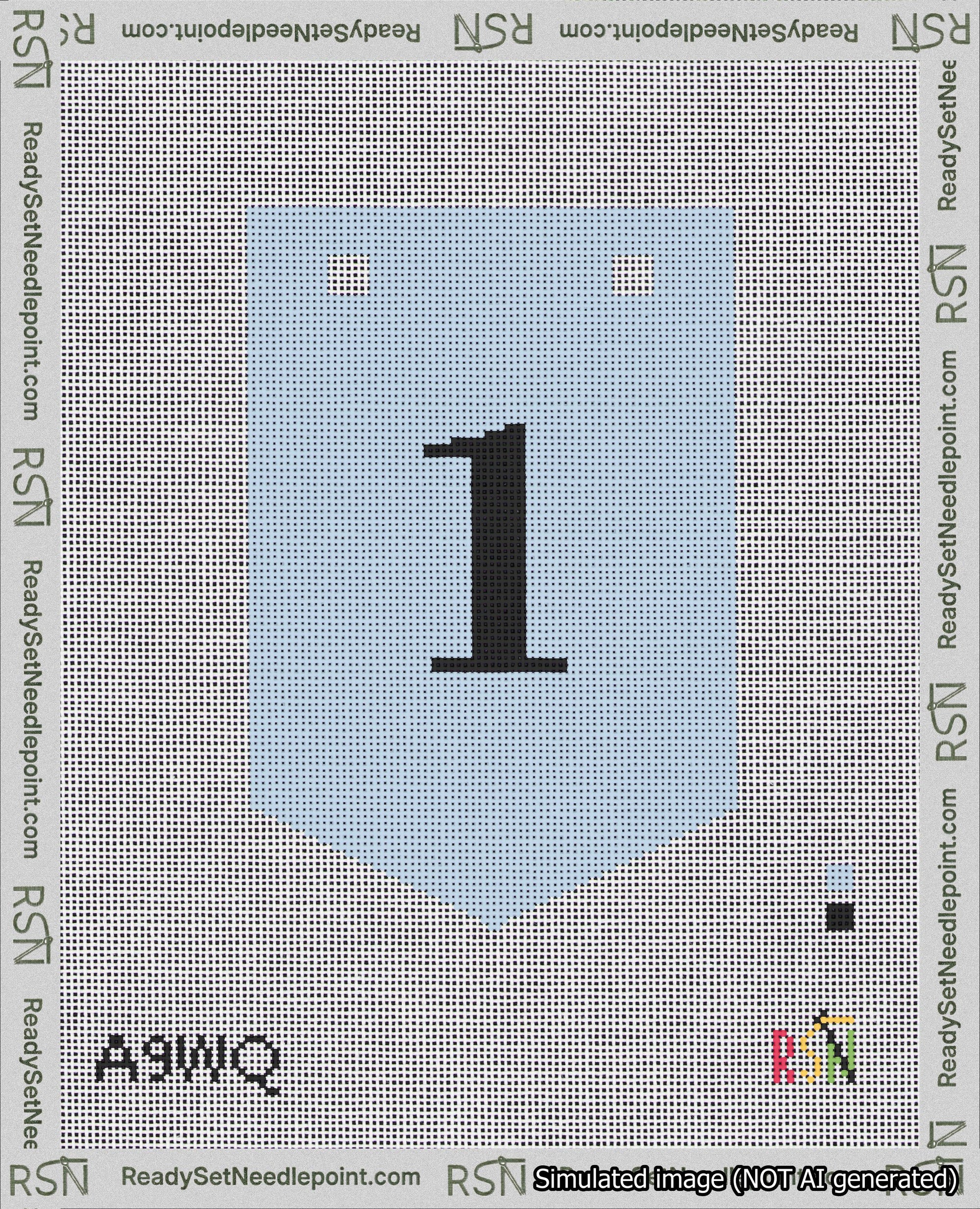 A taped needlepoint canvas with the design: Banner 18 mesh count Pointed 1 Black on Light Blue.