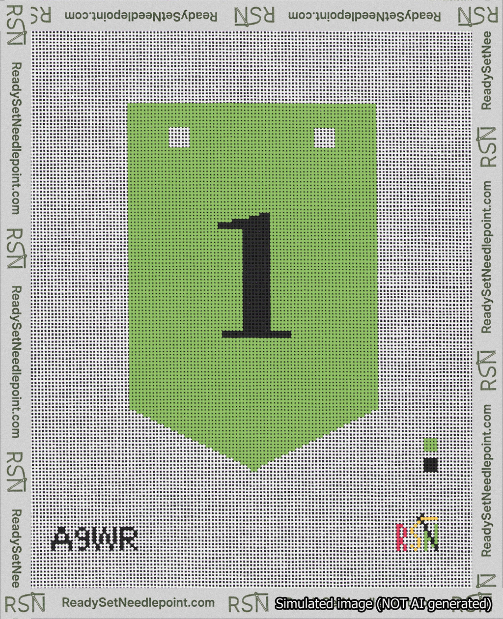 A taped needlepoint canvas with the design: Banner 18 mesh count Pointed 1 Black on Light Green.