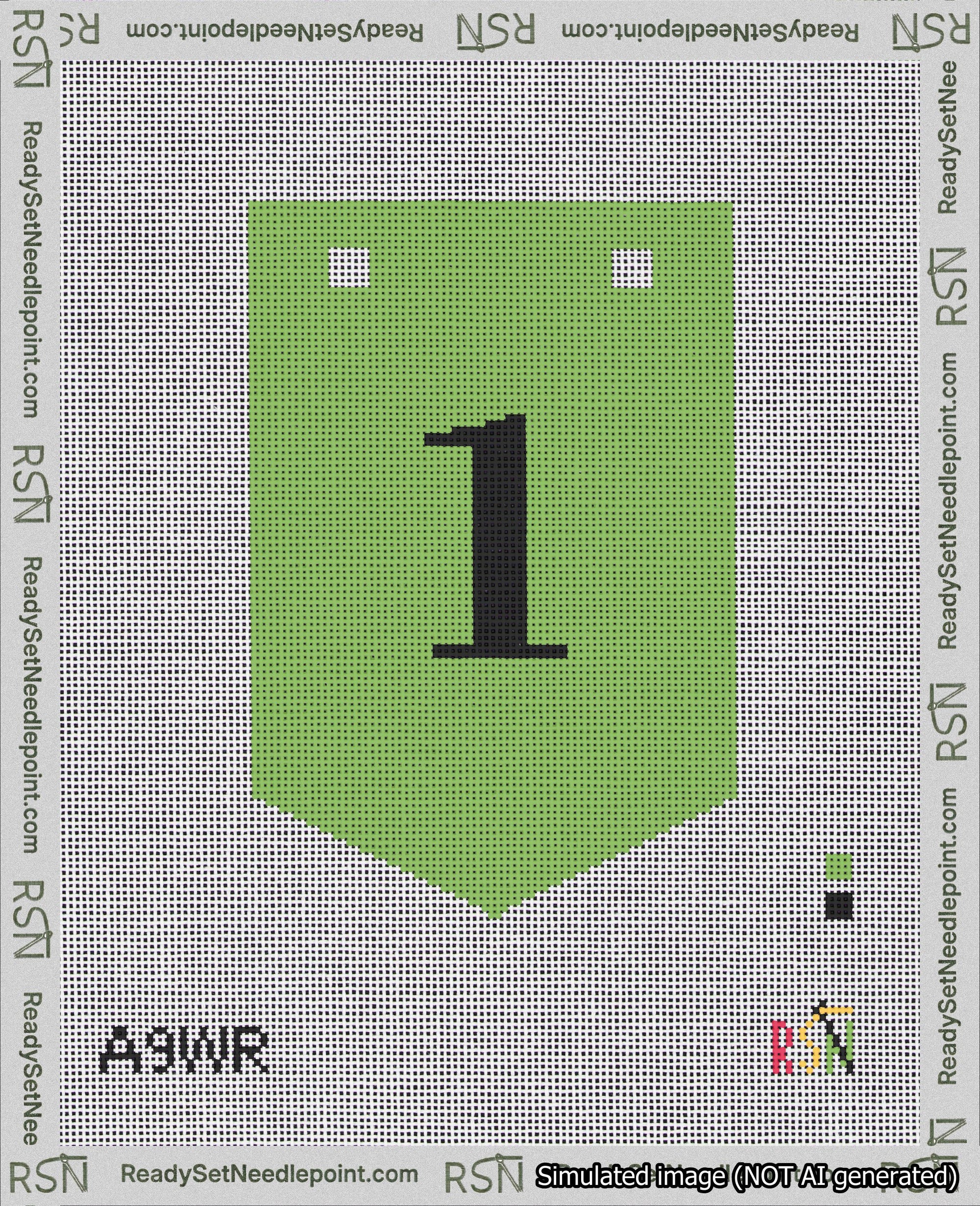 A taped needlepoint canvas with the design: Banner 18 mesh count Pointed 1 Black on Light Green.