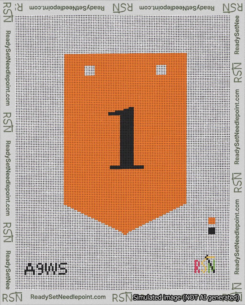 A taped needlepoint canvas with the design: Banner 18 mesh count Pointed 1 Black on Orange.