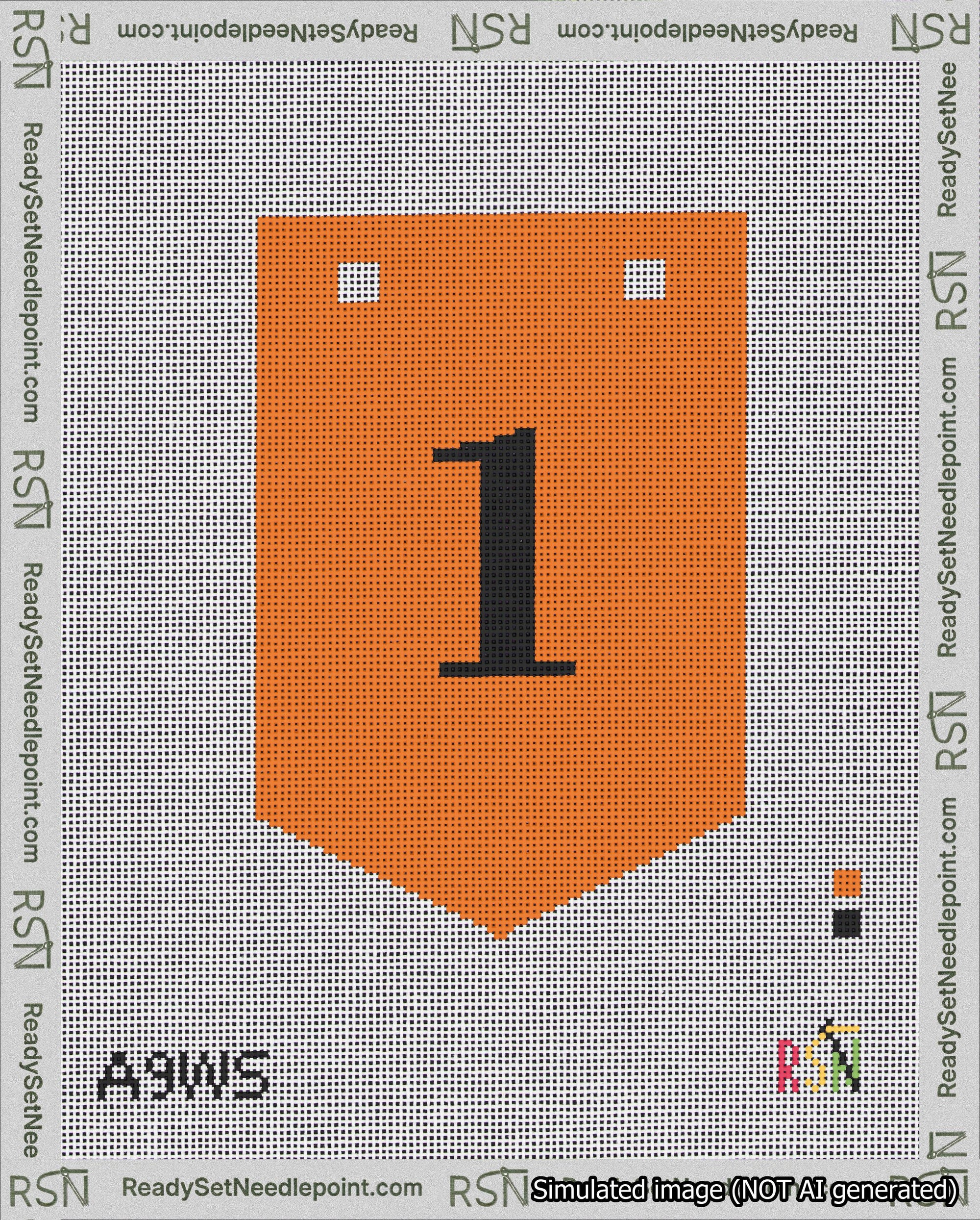 A taped needlepoint canvas with the design: Banner 18 mesh count Pointed 1 Black on Orange.