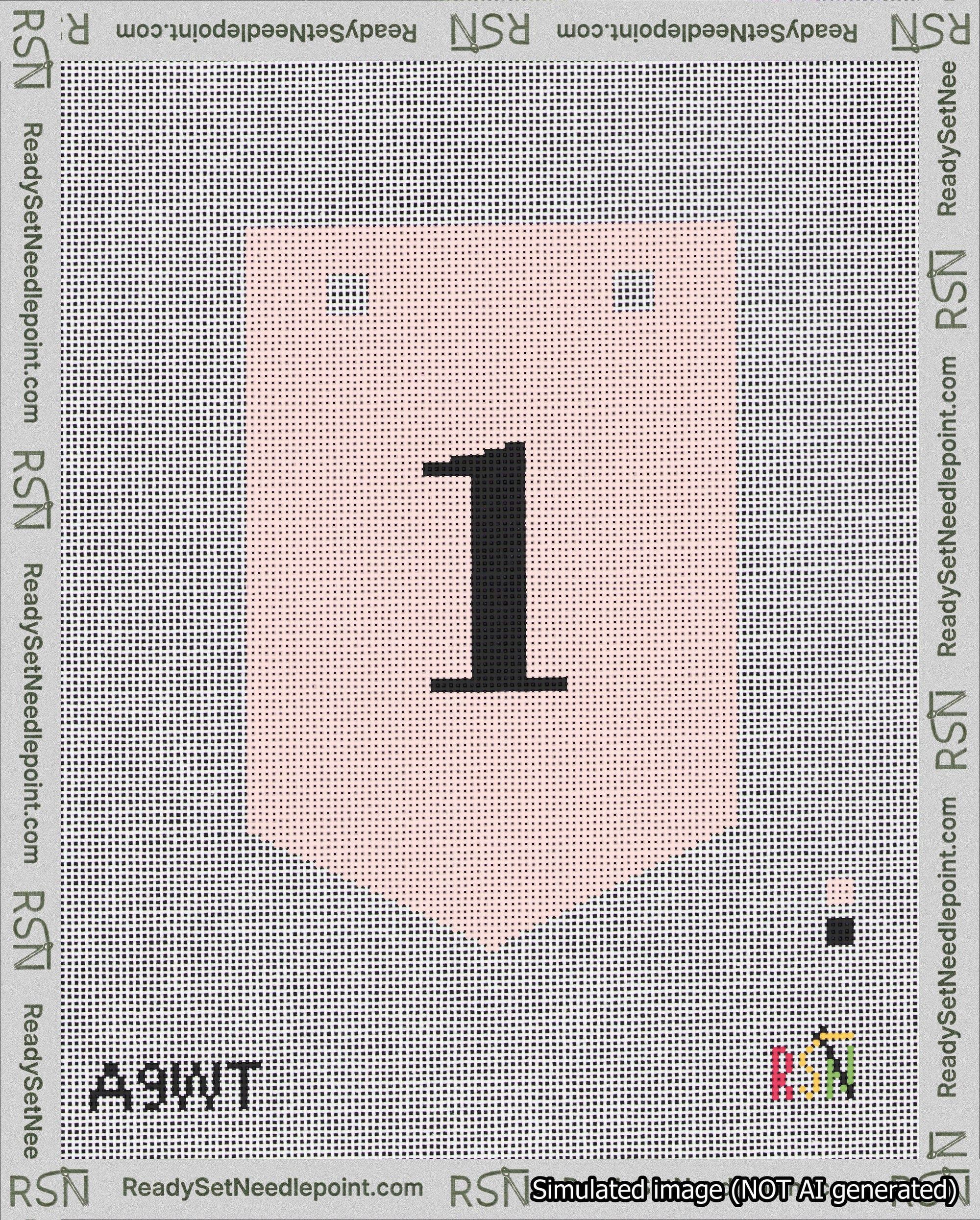 A taped needlepoint canvas with the design: Banner 18 mesh count Pointed 1 Black on Pink.