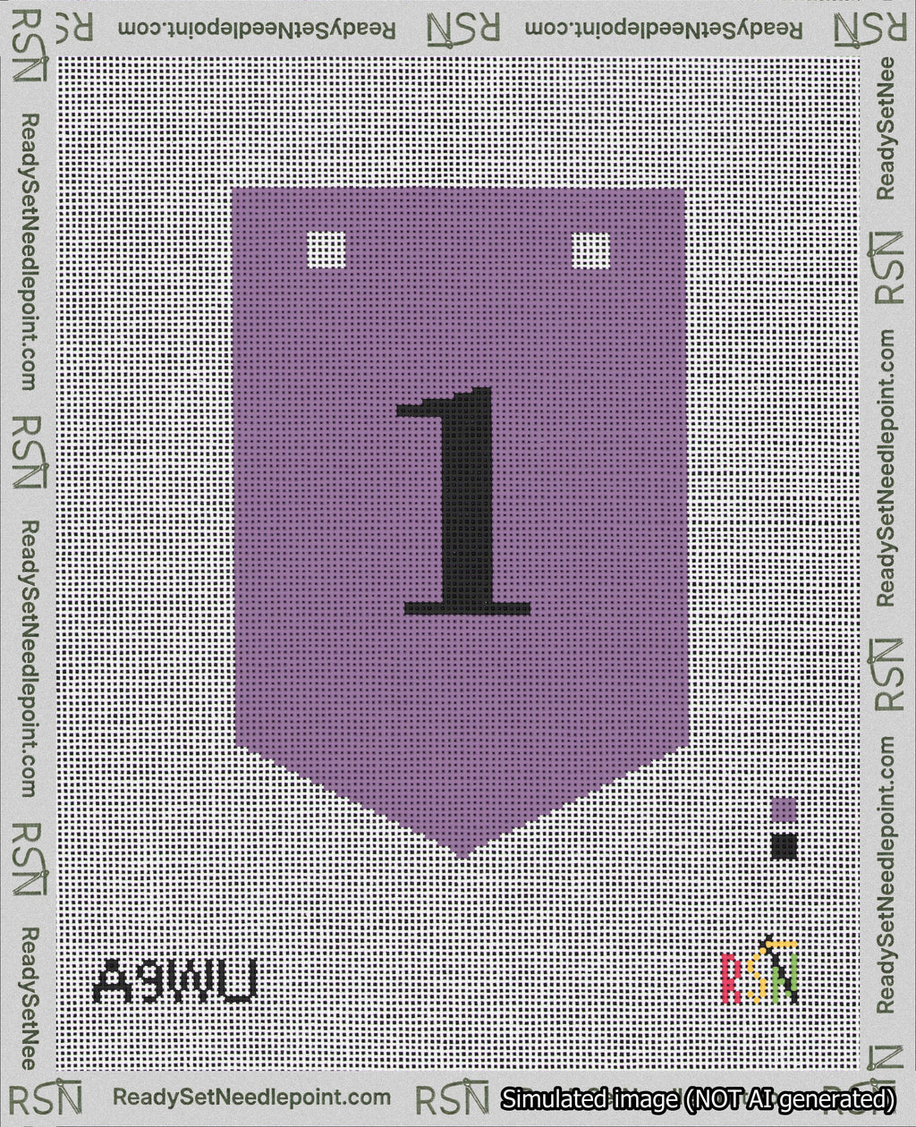 A taped needlepoint canvas with the design: Banner 18 mesh count Pointed 1 Black on Purple.