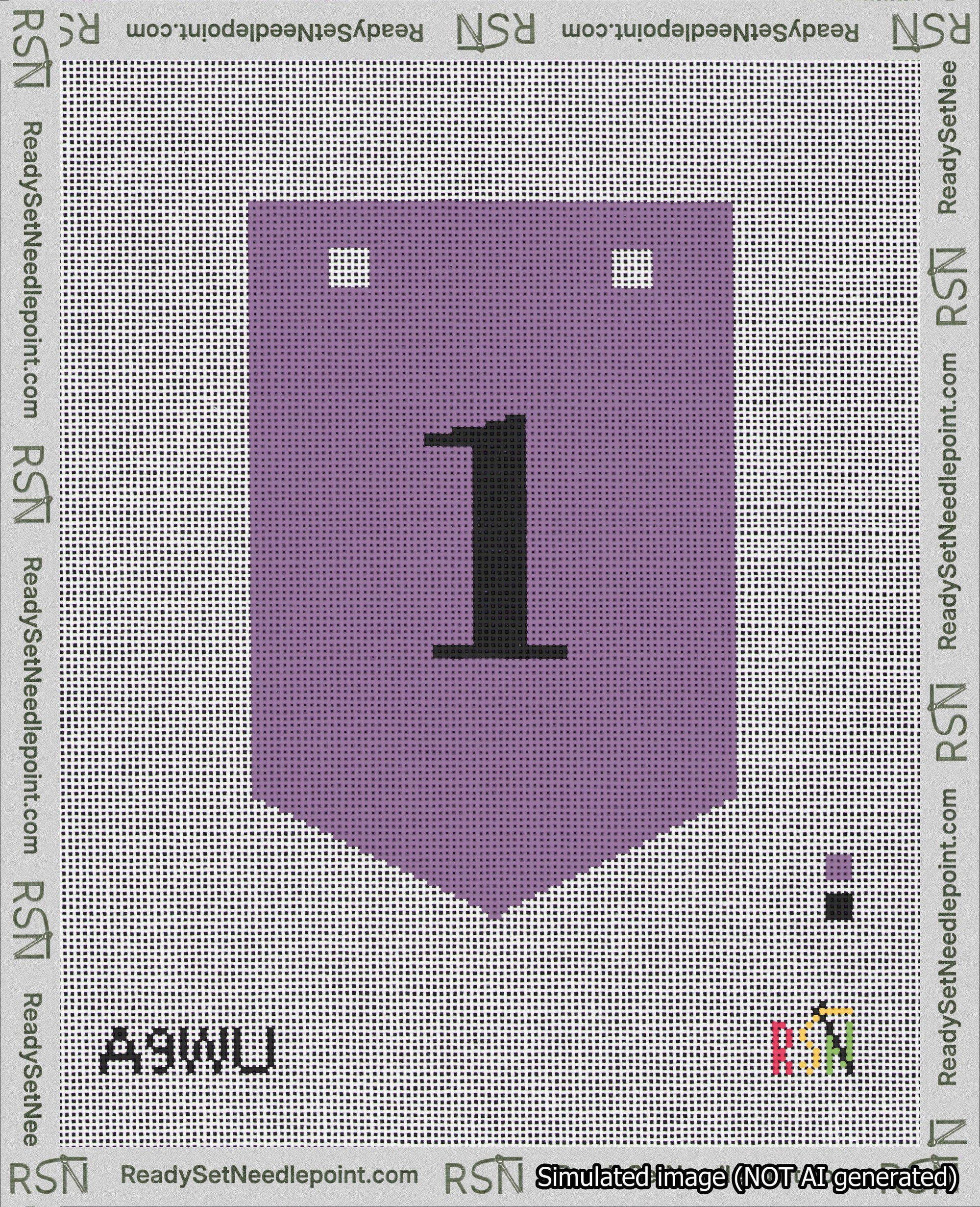 A taped needlepoint canvas with the design: Banner 18 mesh count Pointed 1 Black on Purple.