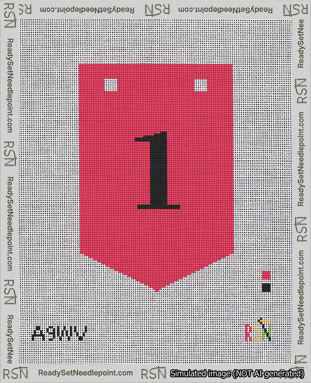 A taped needlepoint canvas with the design: Banner 18 mesh count Pointed 1 Black on Red.
