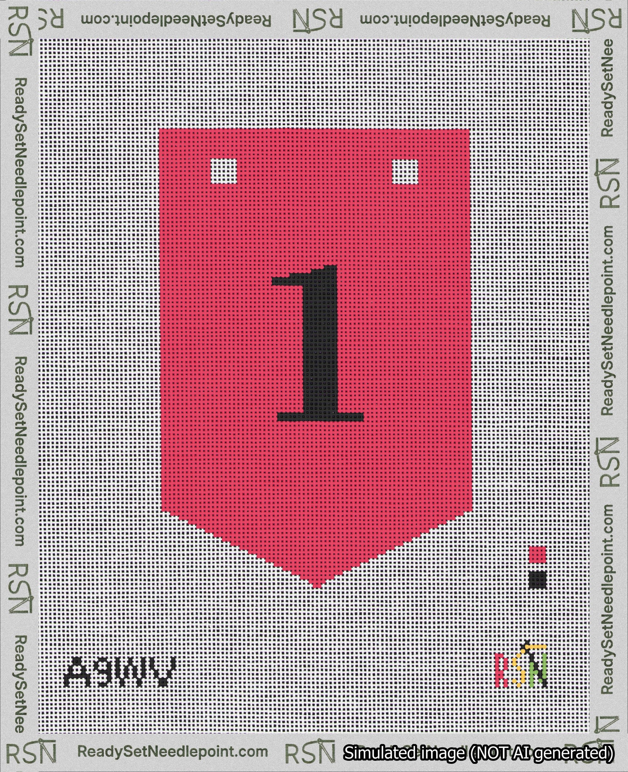 A taped needlepoint canvas with the design: Banner 18 mesh count Pointed 1 Black on Red.