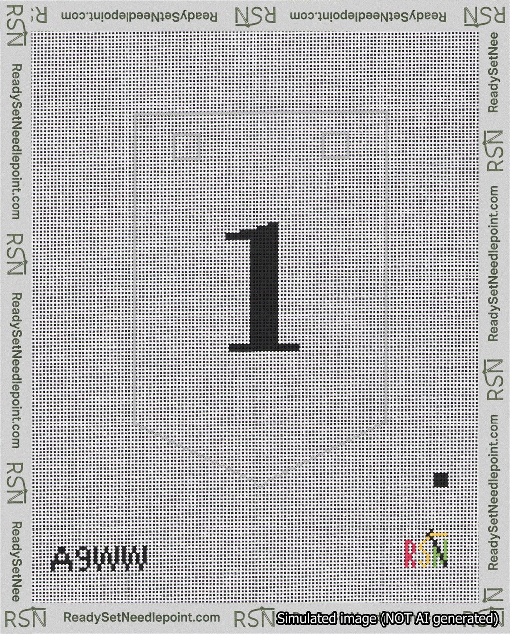 A taped needlepoint canvas with the design: Banner 18 mesh count Pointed 1 Black on White.