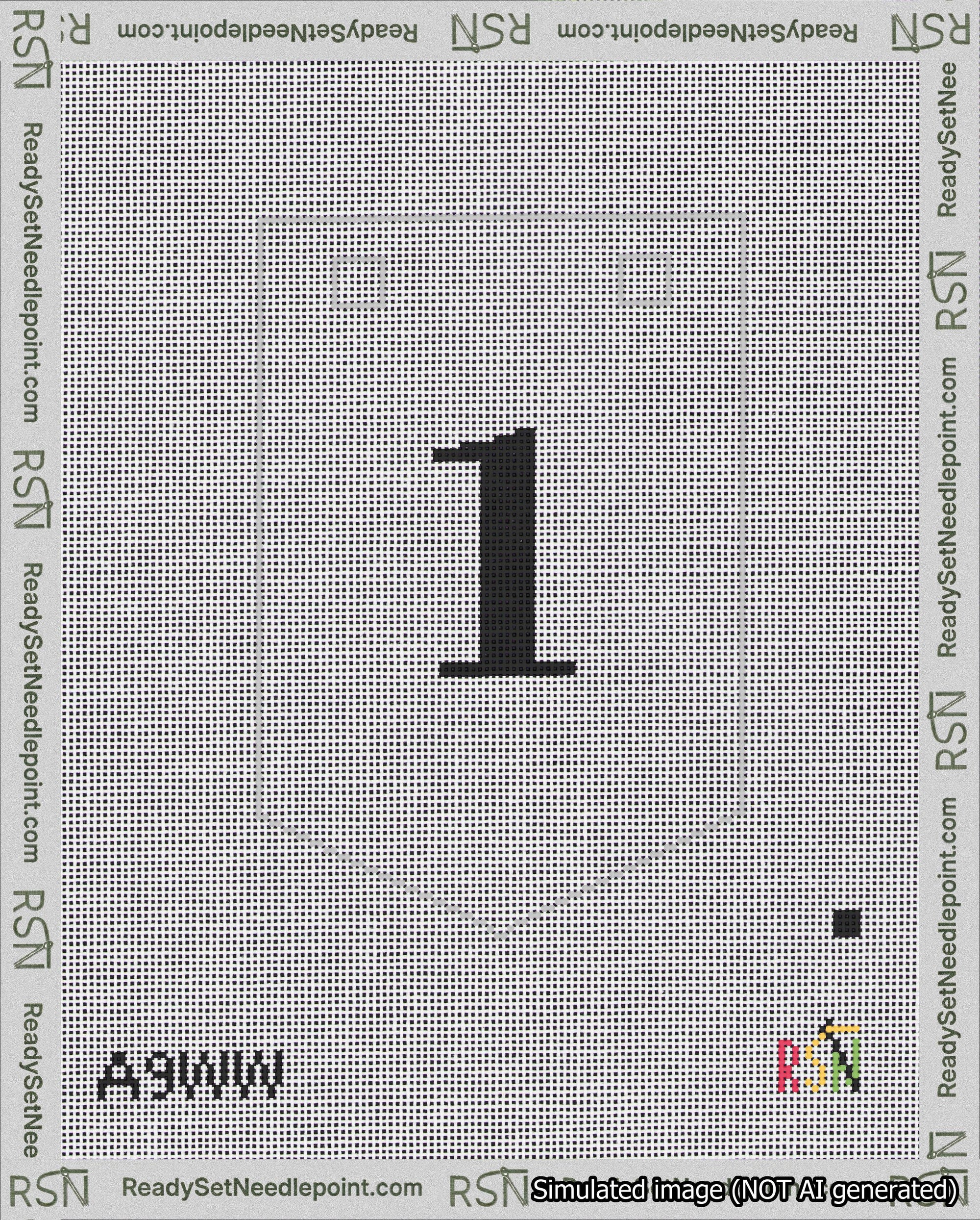 A taped needlepoint canvas with the design: Banner 18 mesh count Pointed 1 Black on White.