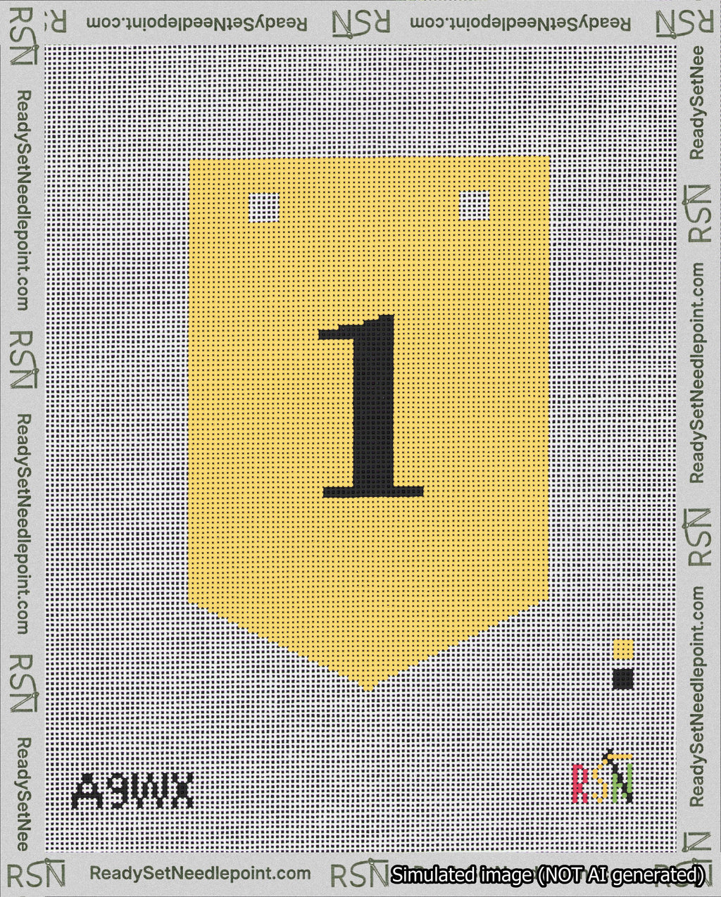 A taped needlepoint canvas with the design: Banner 18 mesh count Pointed 1 Black on Yellow.