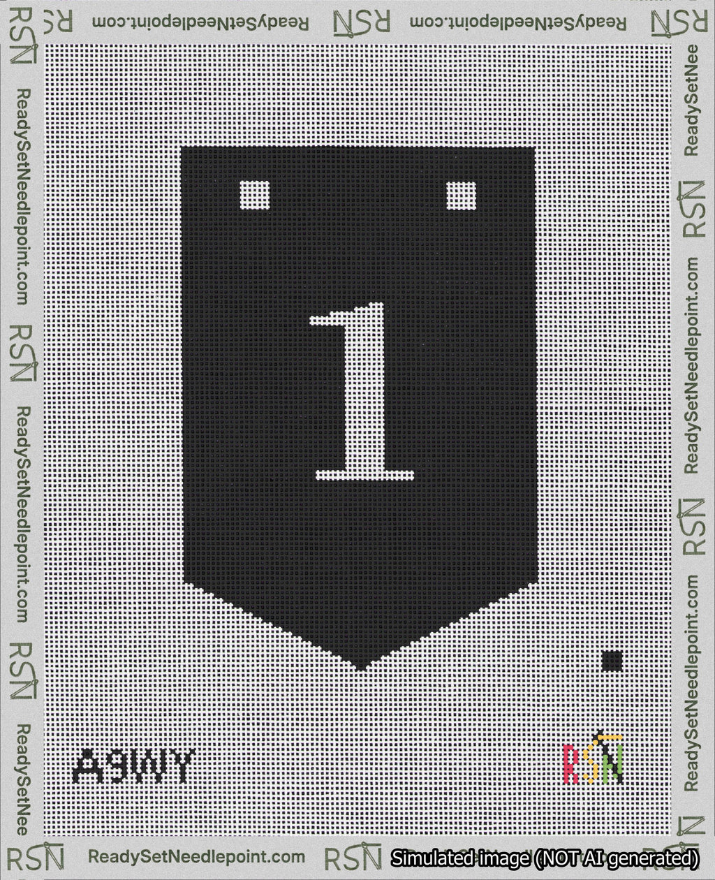 A taped needlepoint canvas with the design: Banner 18 mesh count Pointed 1 White on Black.