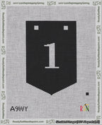 A taped needlepoint canvas with the design: Banner 18 mesh count Pointed 1 White on Black.
