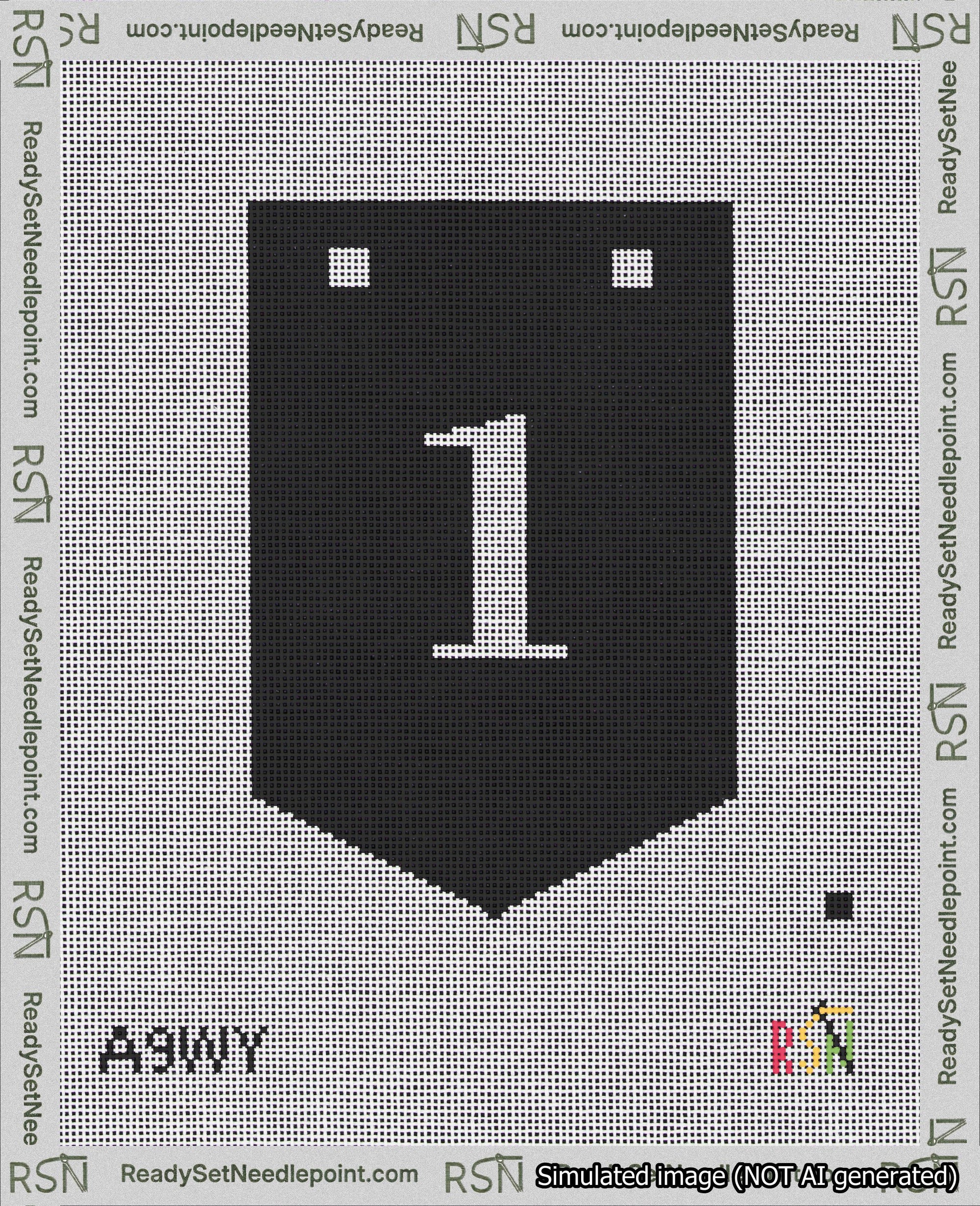A taped needlepoint canvas with the design: Banner 18 mesh count Pointed 1 White on Black.