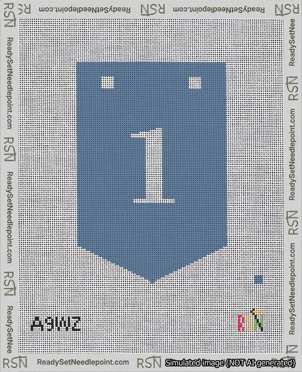 A taped needlepoint canvas with the design: Banner 18 mesh count Pointed 1 White on Blue.