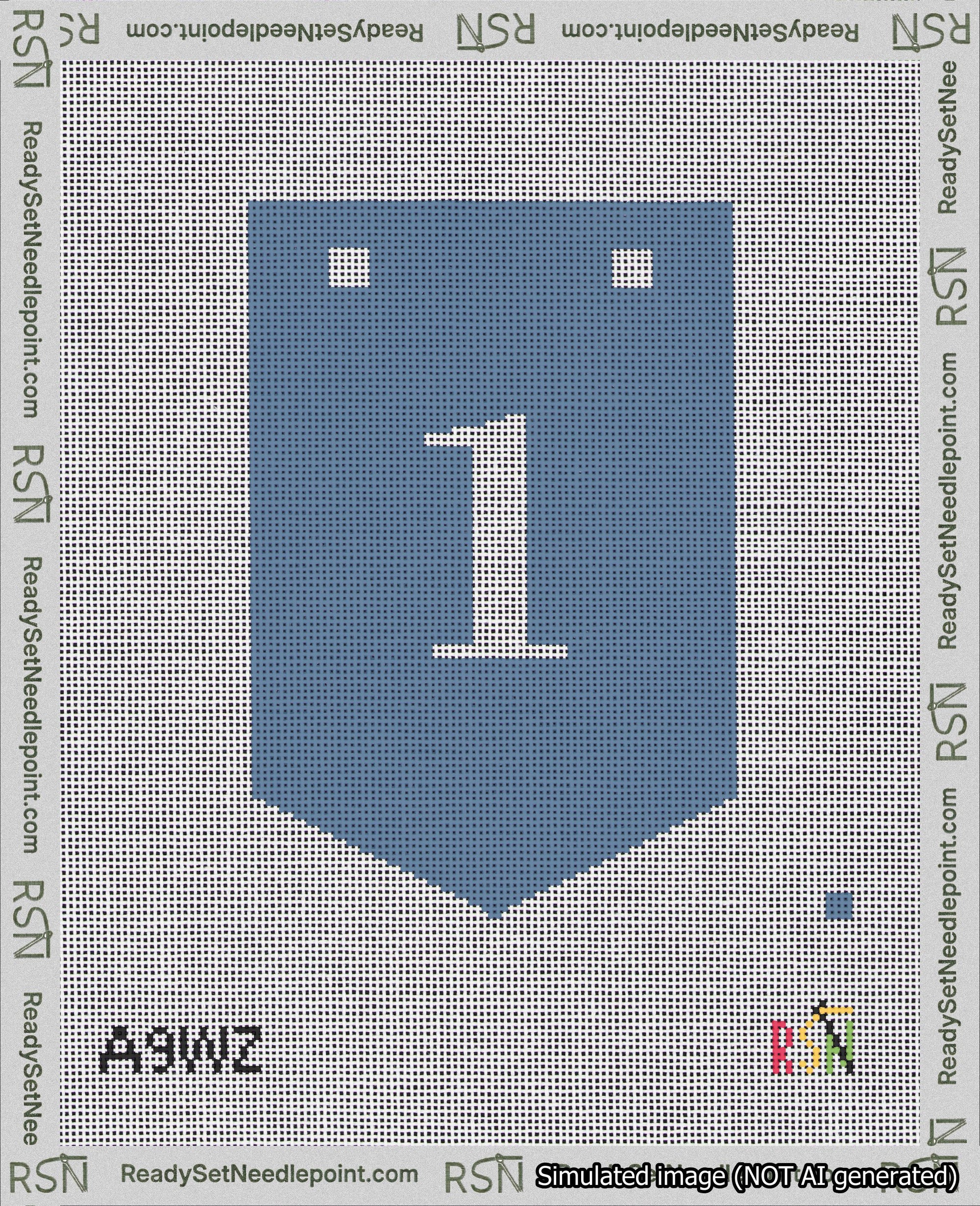 A taped needlepoint canvas with the design: Banner 18 mesh count Pointed 1 White on Blue.