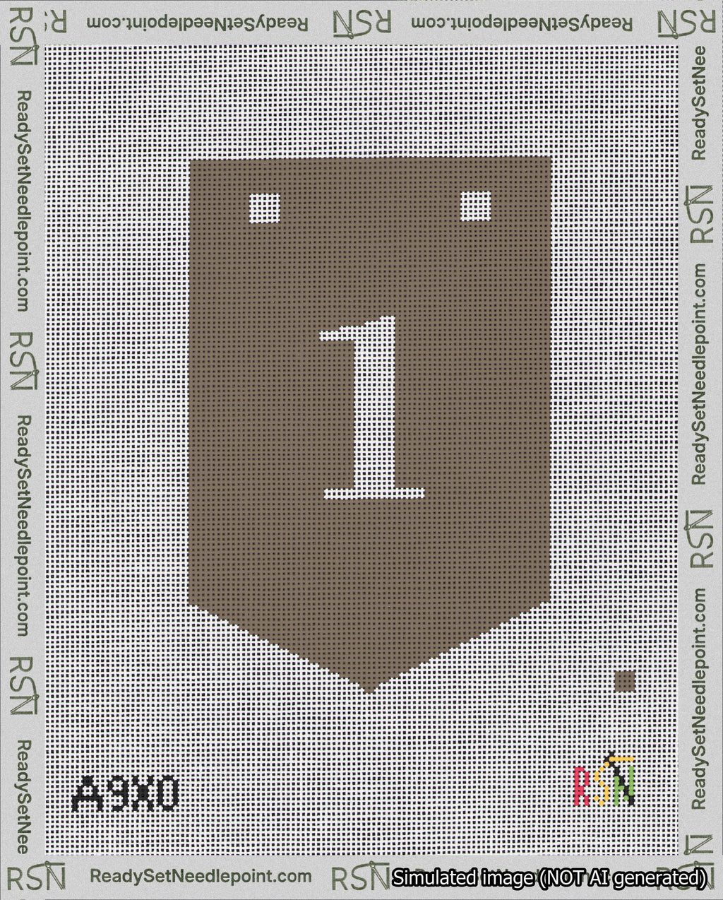 A taped needlepoint canvas with the design: Banner 18 mesh count Pointed 1 White on Brown.