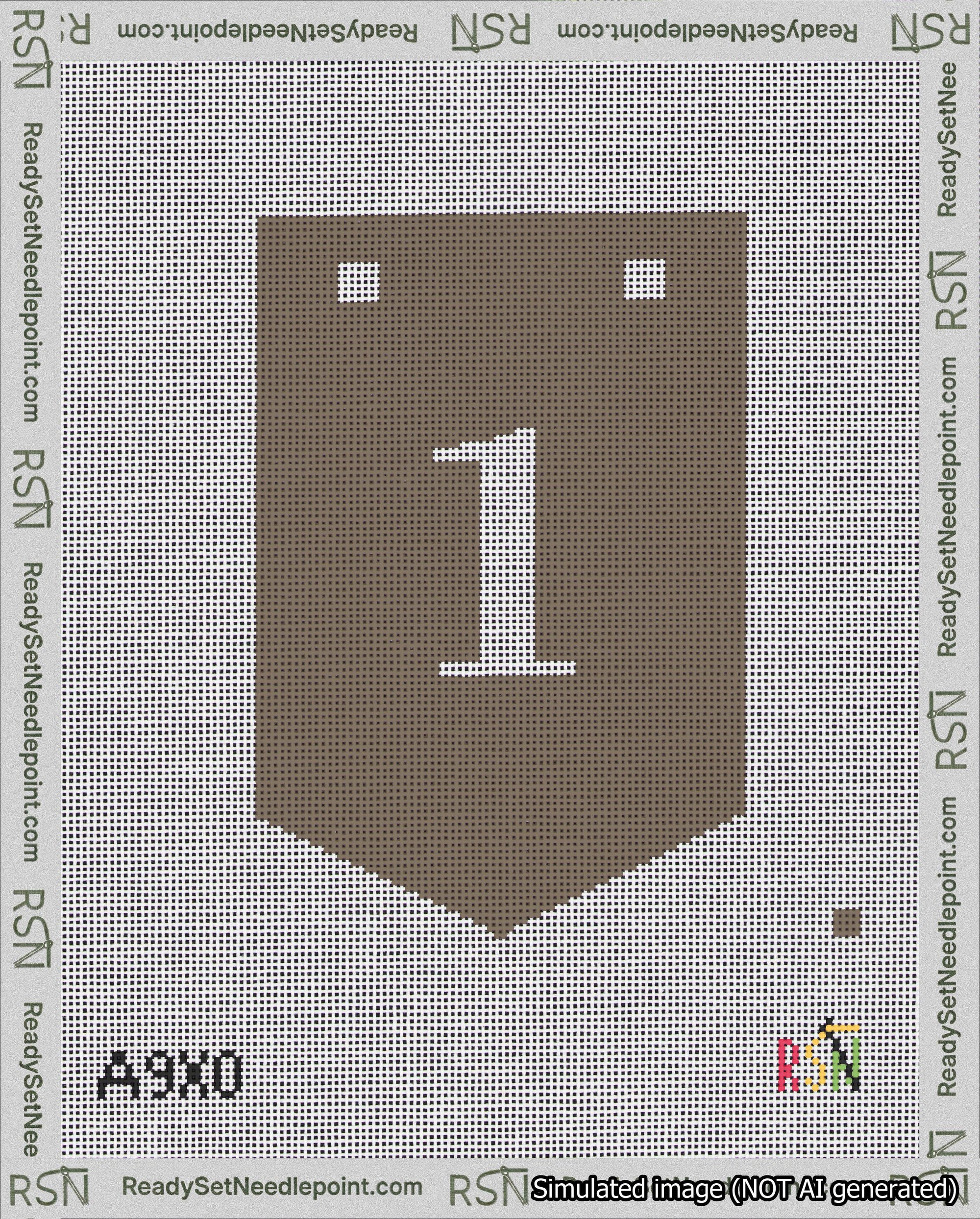 A taped needlepoint canvas with the design: Banner 18 mesh count Pointed 1 White on Brown.
