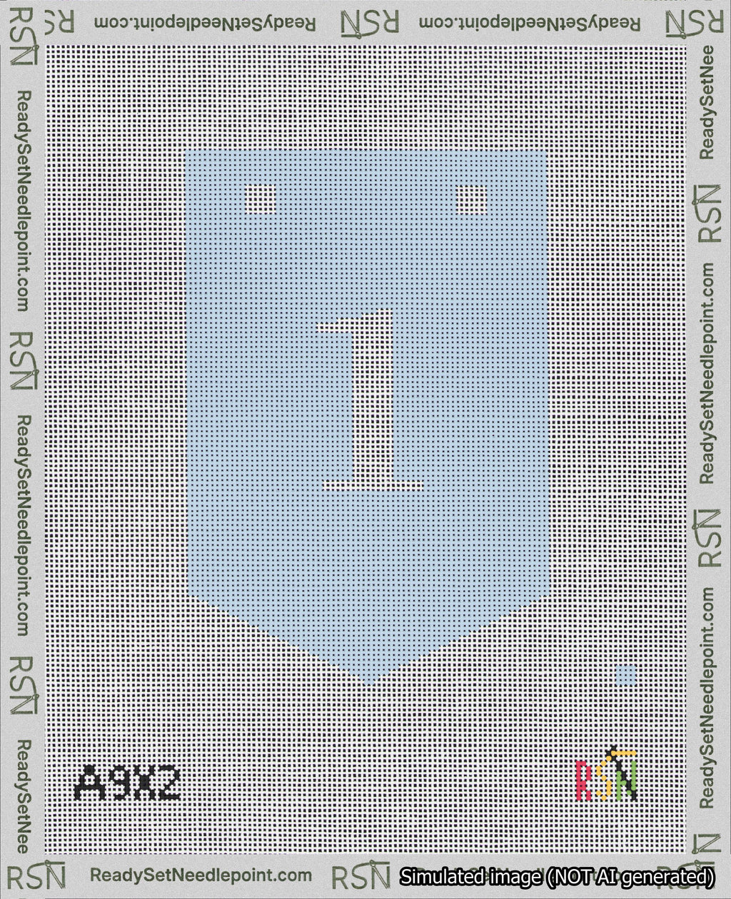 A taped needlepoint canvas with the design: Banner 18 mesh count Pointed 1 White on Light Blue.