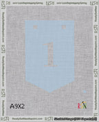 A taped needlepoint canvas with the design: Banner 18 mesh count Pointed 1 White on Light Blue.