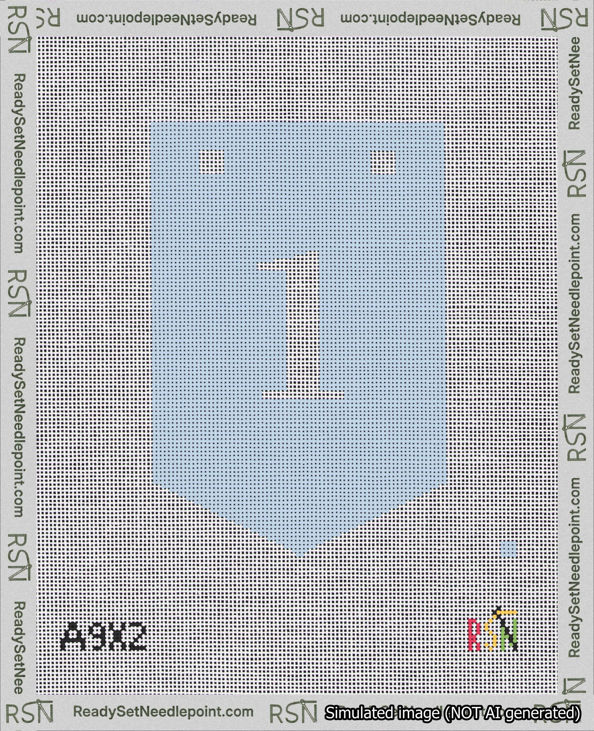 A taped needlepoint canvas with the design: Banner 18 mesh count Pointed 1 White on Light Blue.