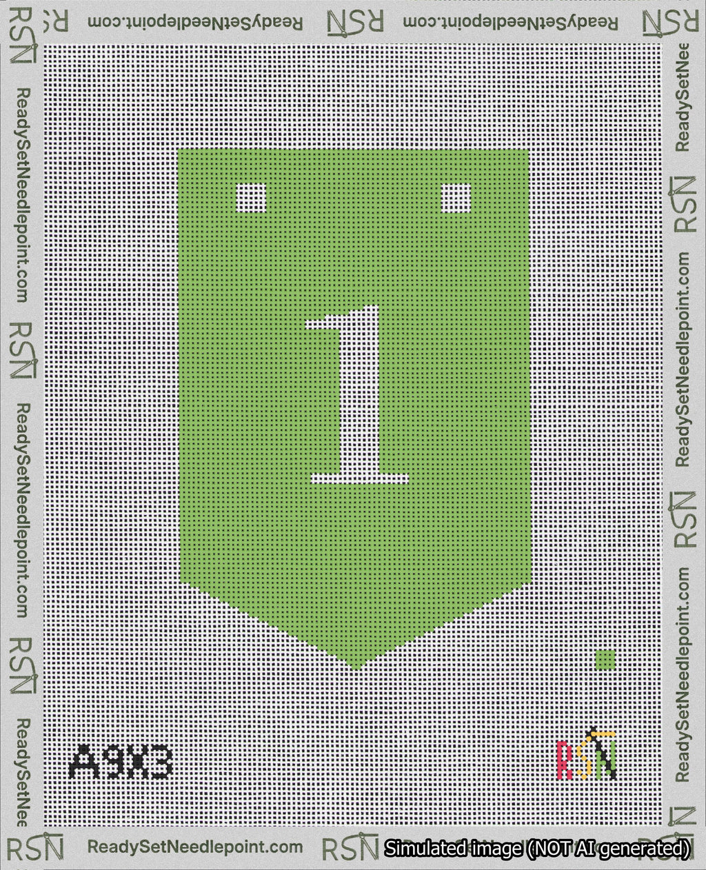 A taped needlepoint canvas with the design: Banner 18 mesh count Pointed 1 White on Light Green.