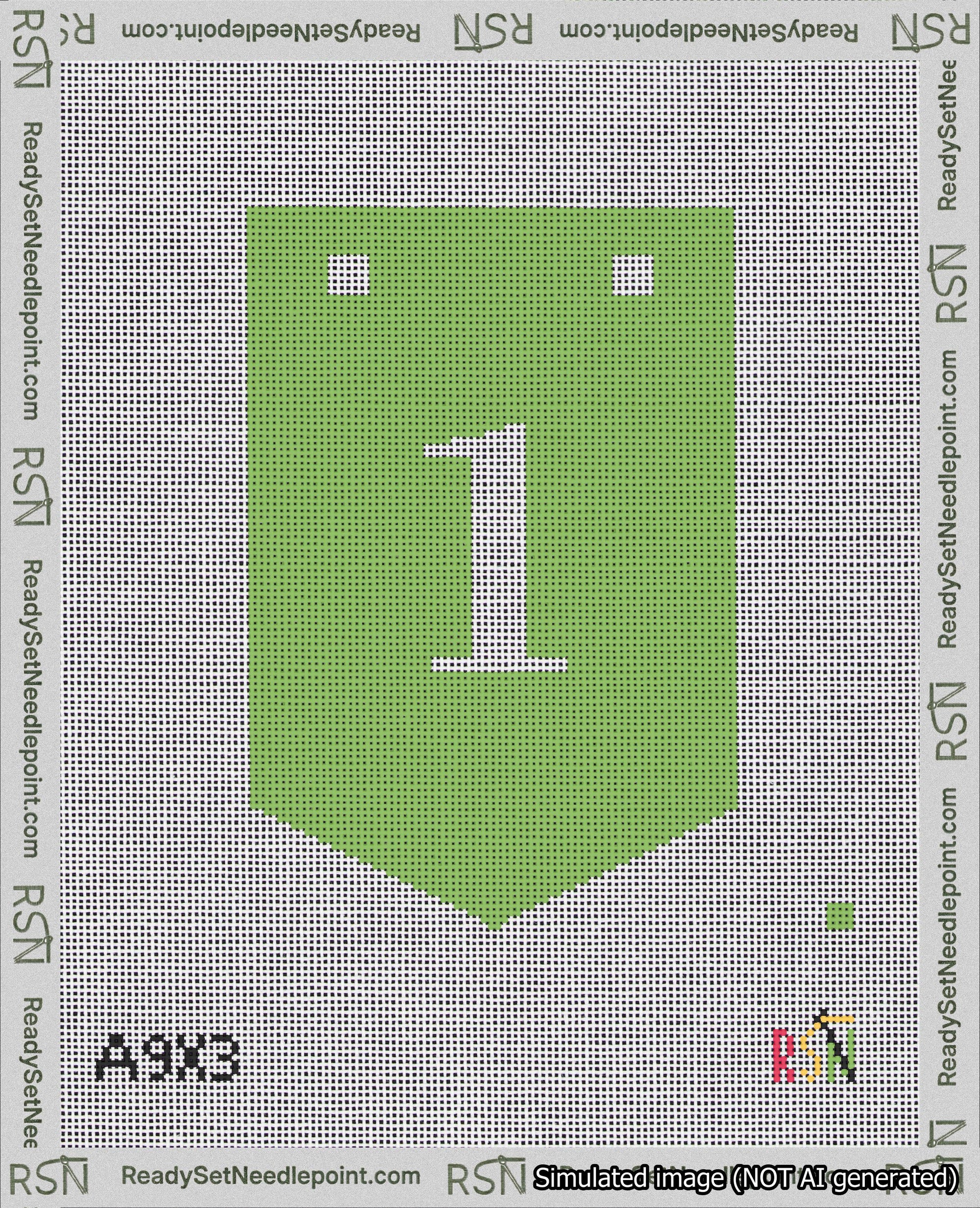 A taped needlepoint canvas with the design: Banner 18 mesh count Pointed 1 White on Light Green.