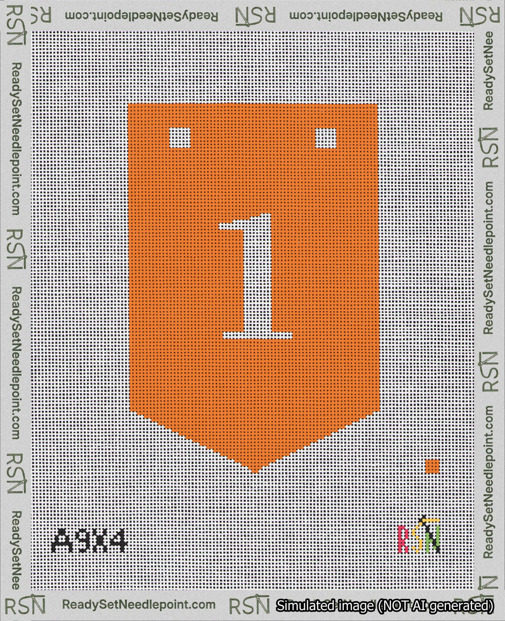A taped needlepoint canvas with the design: Banner 18 mesh count Pointed 1 White on Orange.