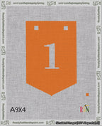 A taped needlepoint canvas with the design: Banner 18 mesh count Pointed 1 White on Orange.