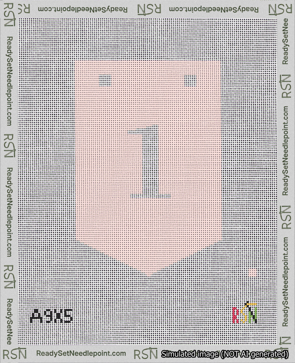 A taped needlepoint canvas with the design: Banner 18 mesh count Pointed 1 White on Pink.