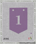 A taped needlepoint canvas with the design: Banner 18 mesh count Pointed 1 White on Purple.