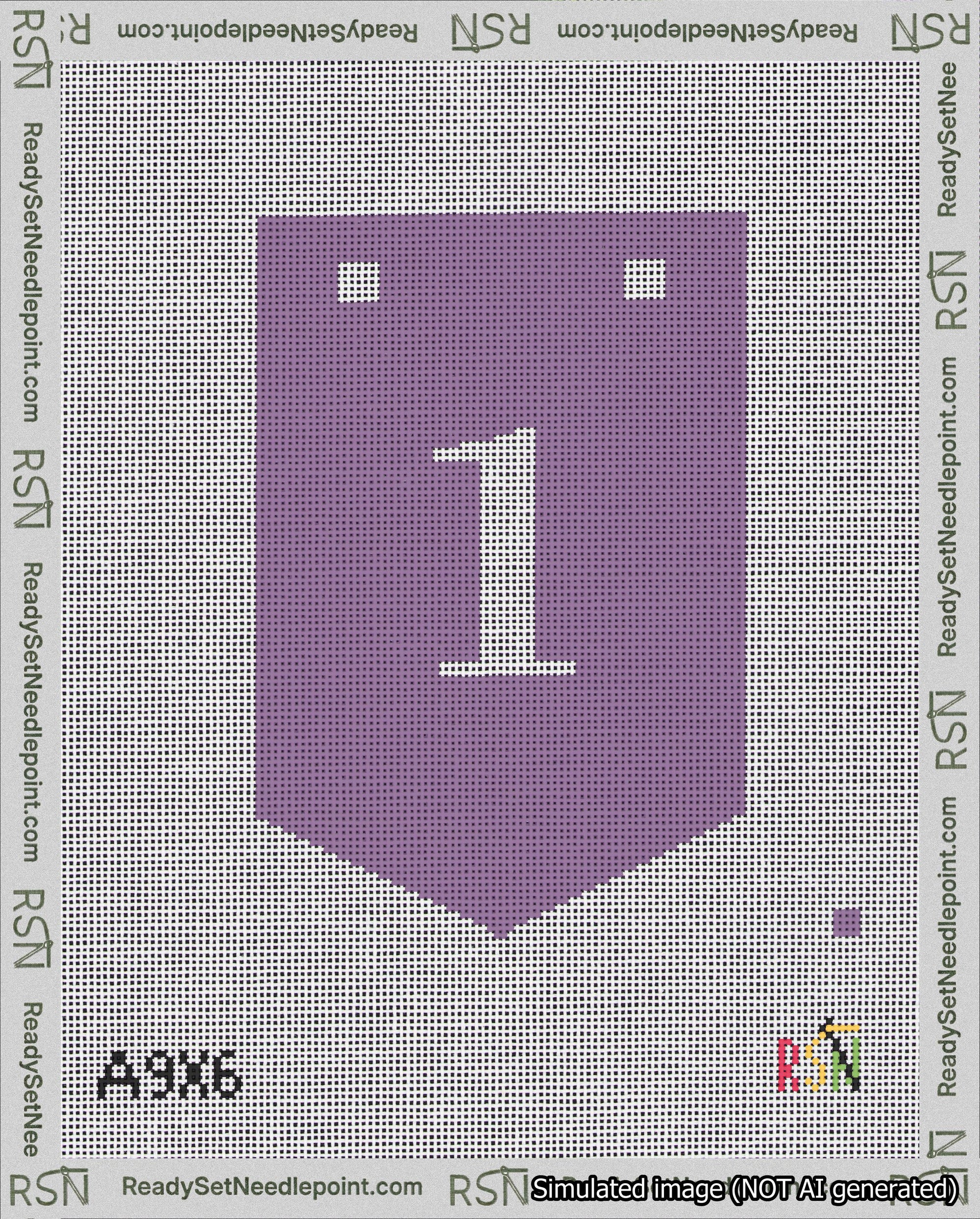 A taped needlepoint canvas with the design: Banner 18 mesh count Pointed 1 White on Purple.