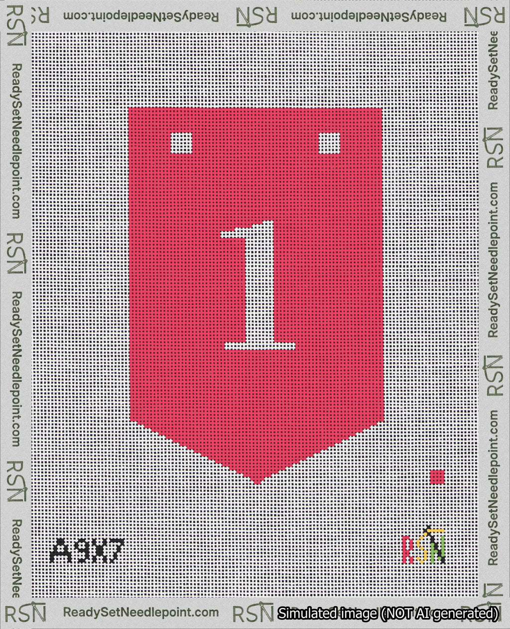 A taped needlepoint canvas with the design: Banner 18 mesh count Pointed 1 White on Red.