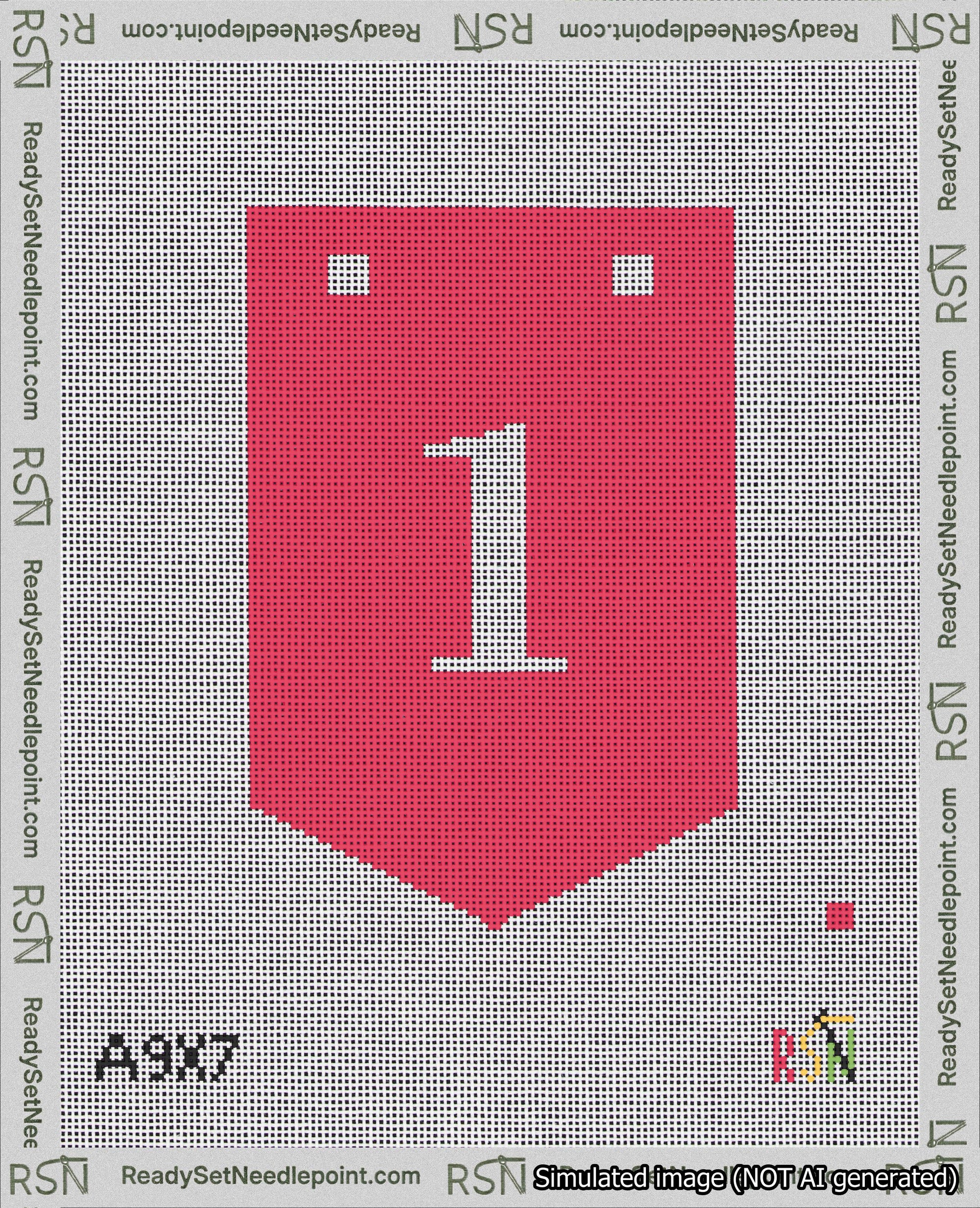 A taped needlepoint canvas with the design: Banner 18 mesh count Pointed 1 White on Red.
